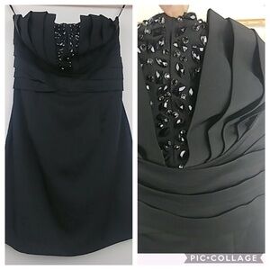 NWT F21 jet black beaded at bust, strapless ruched cocktail retro wiggle dress